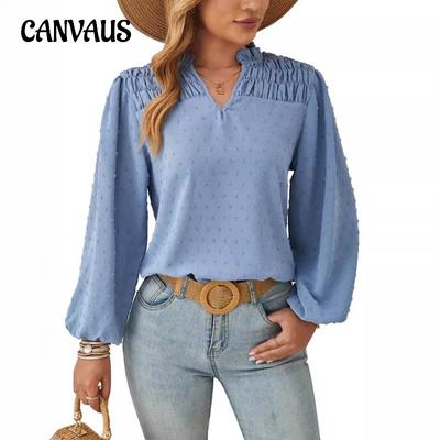 Spring and Autumn Women's V-Neck Pleated Woven Jacquard Long Sleeve Shirt