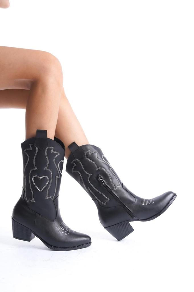 Women Modern Stylish Fashion Boots Boots Faux Leather Black Skin Leather White Heart Embroidered Cowboy Zipper Western Boots