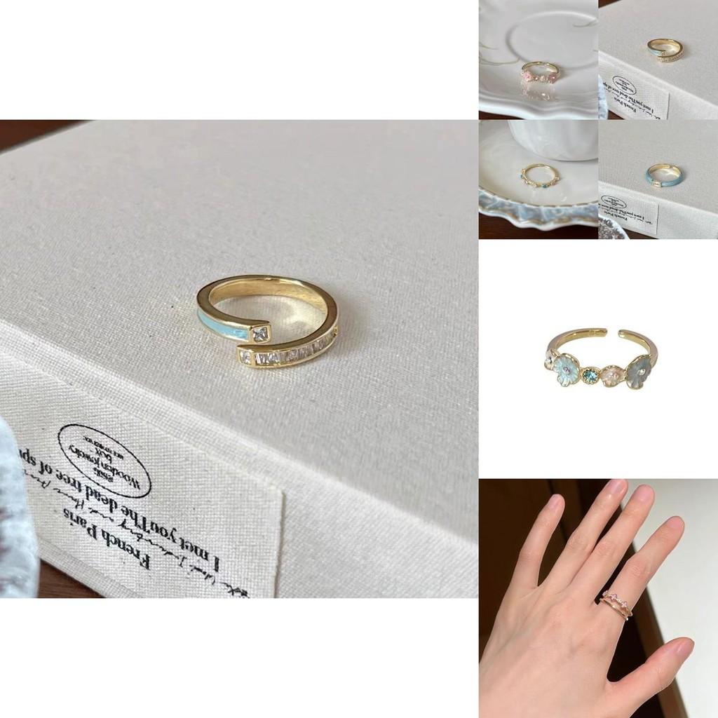 Stylish Geometric Floral Blue Enamel Copper Ring For Women Chic And Versatile Design