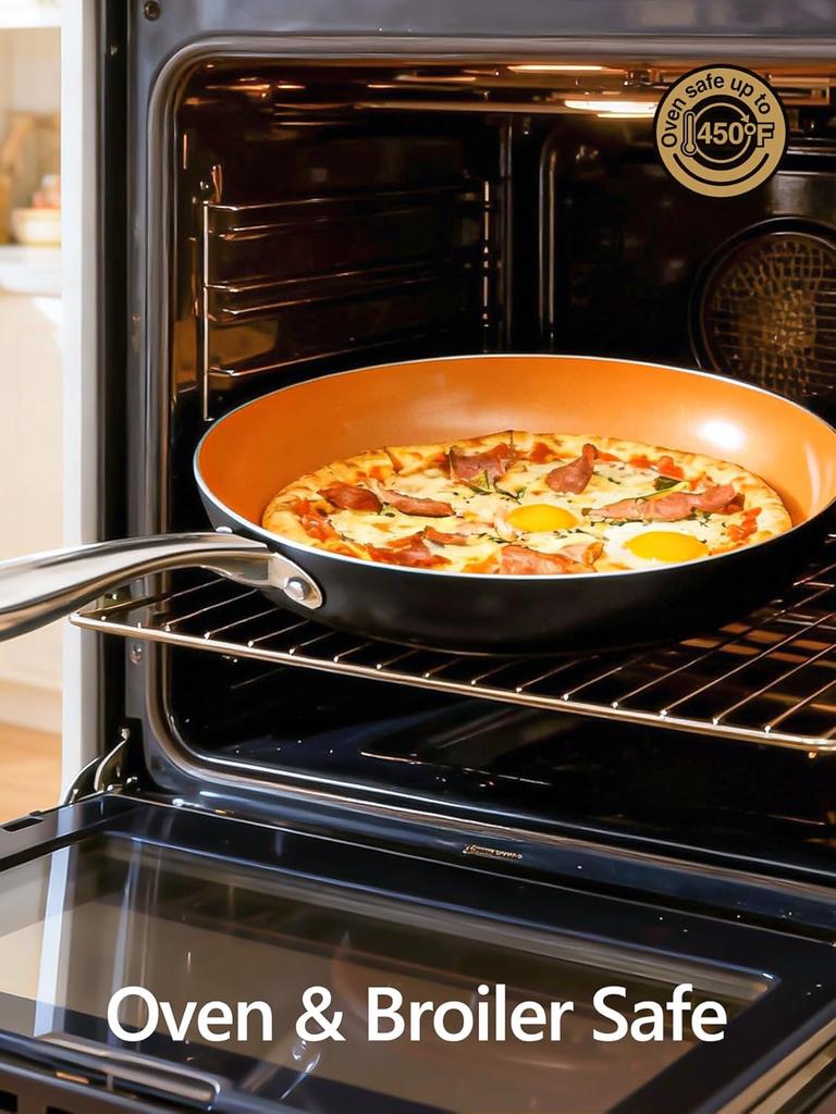 LMETJMA 8 10 12inch Copper Non Stick Frying Pan With Lid Scratch Resistant Ceramic Coating Skillet Egg Pan Cooking Omelet Pan