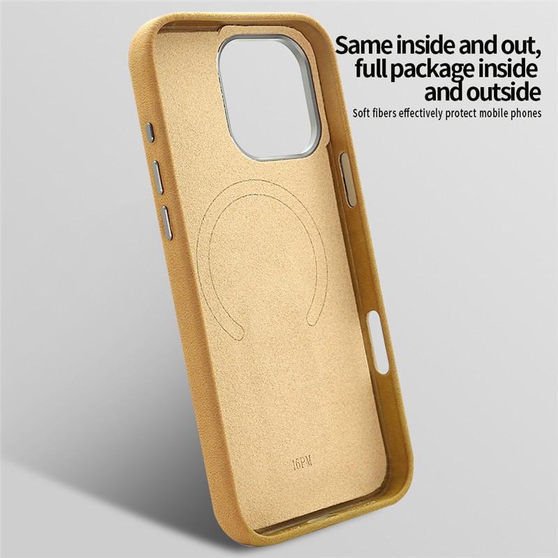 Premium Leather Magnetic Attraction Case For iPhone 15 16 Pro Max 360 Hidden Metal Phone Holder Business Suede Kickstand Cover