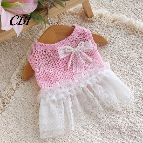 Lace Pet Dress Knitted Sleeveless Dog Dress, White Tutu Puppy Princess Cute Girl Small Clothes with Faux Pearl Bow, Summer Female for Dogs Party