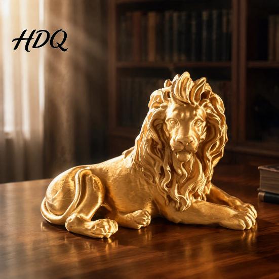 Compact Animal Statue Golden Lying Lion Resin Figurine, 3D Printed Recumbent Statue, Sculpture for Office Desk Bookshelf Wine Cabinet Tabletop