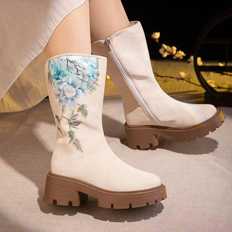 Women Ethnic Style High Top Embroidered Cotton Boots Winter New Round Toe Block Heel Thick Sole Round Toe Zippers Retro Boots