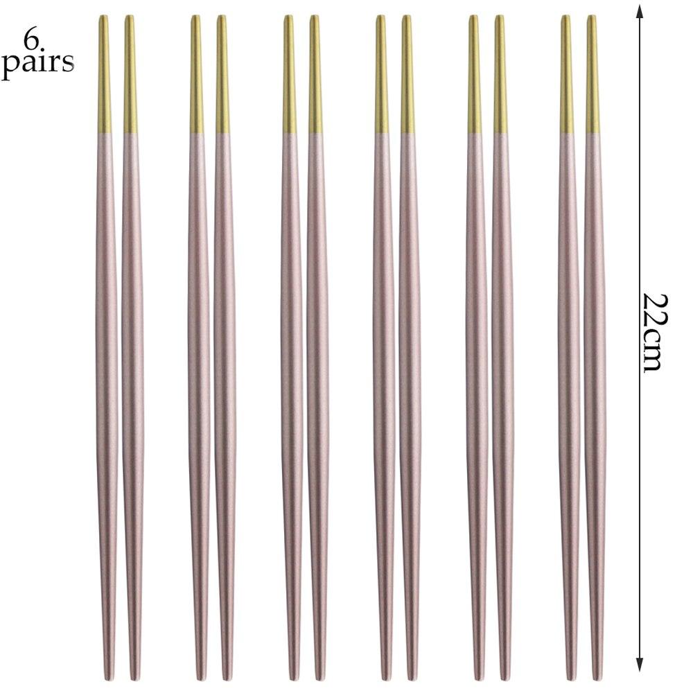 6 Çift Lüks 18/10 Paslanmaz Çelik Kare Çubuklar Titanyum Altın Gül Suşi Renkli Çin Japon Tarzı Çubuklarını