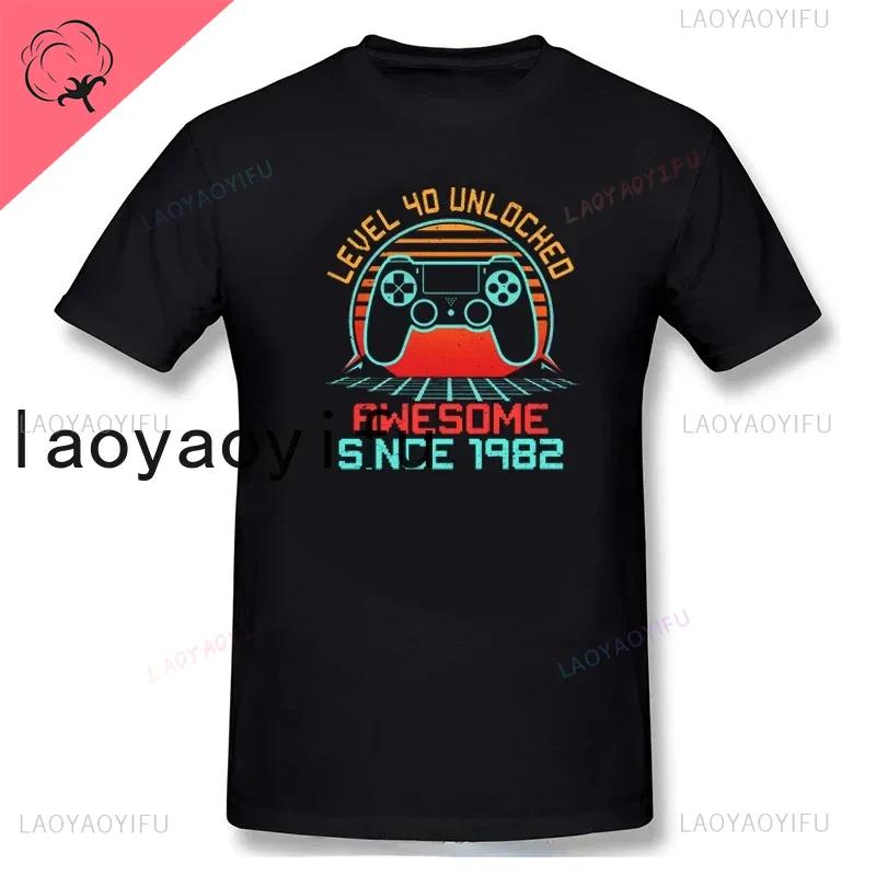 40th Birthday T-Shirt 1982 Men Funny LEVEL UNLOCKED 40 Year Old Gaming Tee Tops A Gift for A Wife and Husband Cotton Shirt