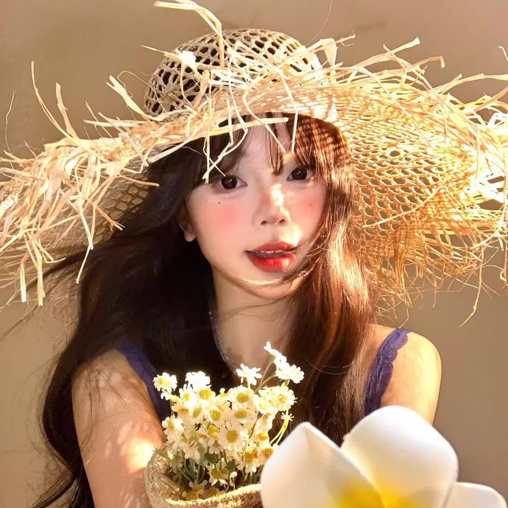 Summer Ins Hollow Big Brim Rough Rafi Straw Hat Women's Beach Hat Travel Seaside Vacation Sun Hat