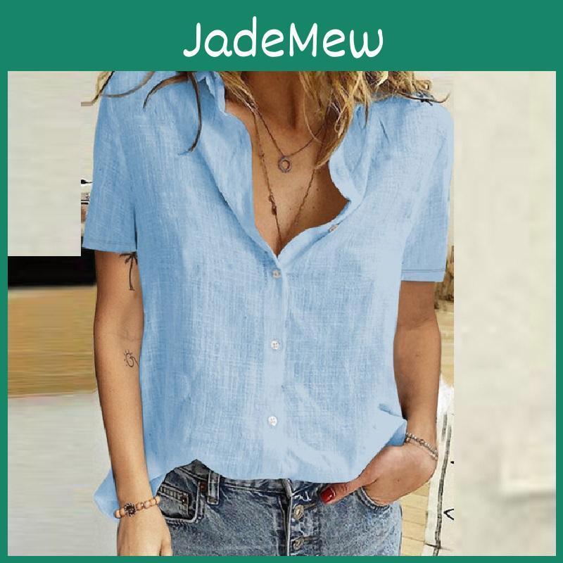 Solid Short Sleeve Cotton Blouses Color Turn Down Collar Button Up Summer Women Shirt White Tops