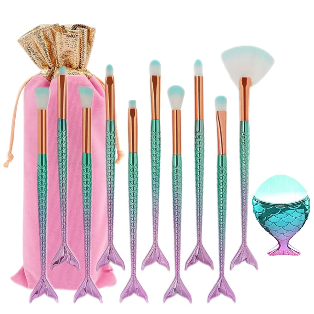 BAOQISHAN Mermaid Makeup Brush Set for Lip and Kabuki Beauty Brushes with Pink Pouch 11-Piece Foundation, Powder, Cream, Eyebrow, Eyeshadow, Eyeliner,