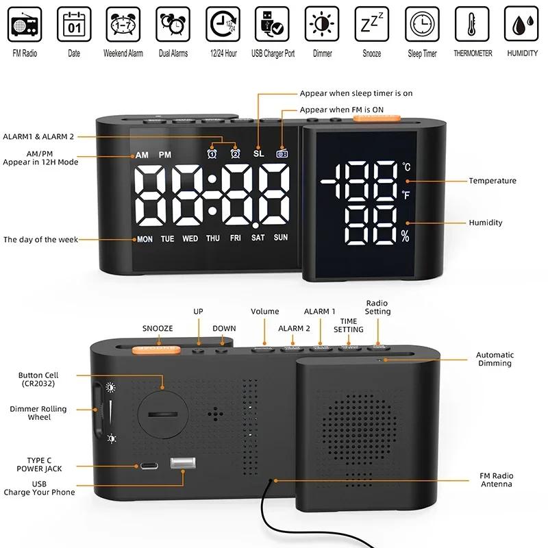Sleek Bedside Alarm Clock Radio Large Dual Display Screen With Adjustable Brightness USB Port Sleep Timer FM76~108MHz FM Radio