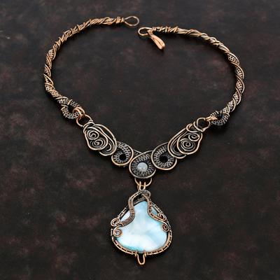 Larimar Necklace Copper Wire Wrapped Necklace Handmade Elegant Jewelry Rainbow Moonstone Gemstone Necklace Copper Wire Jewelry Gift For Her