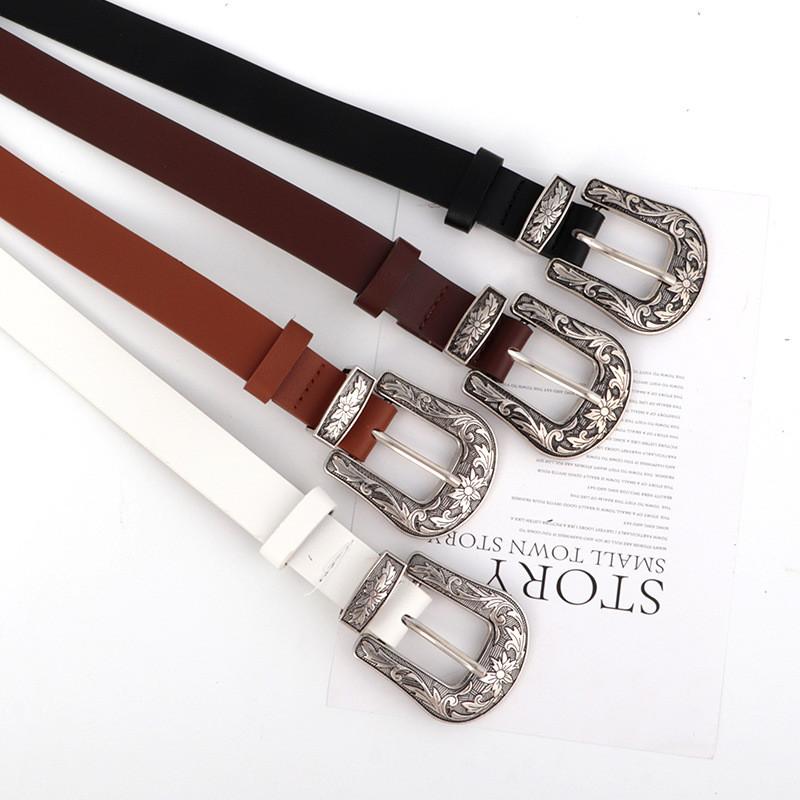 Pu Leather Waistband With Metal Pin Buckle And Carving Design Womens For