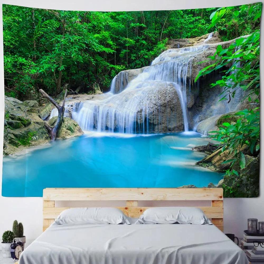 Schöne Waldwasserfall-Wandteppich Wohnzimmer Stoff Wandbild Heimdekoration Wandtuch Strand Picknick-Tischdecke Schlafmatte