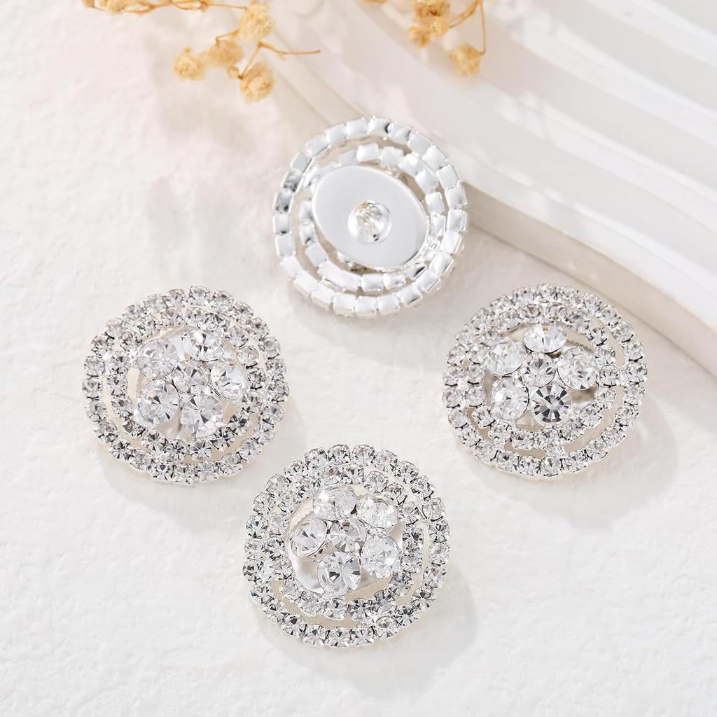 4Pcs Sliver Rhinestone Buttons Crystal Embellishments for Clothing Jewelry Making DIY Decoration Bottons for Sewing Crafts Wedding Bridal