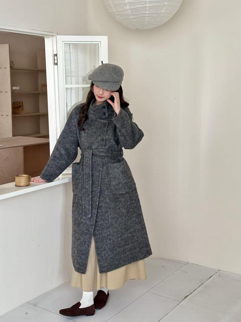 Purple Alpaca Double-Sided Cashmere Coat, Stand Collar, Knee-Length, Tie-Waist, Loose Fit, Korean Style for Autumn/Winter 2025.