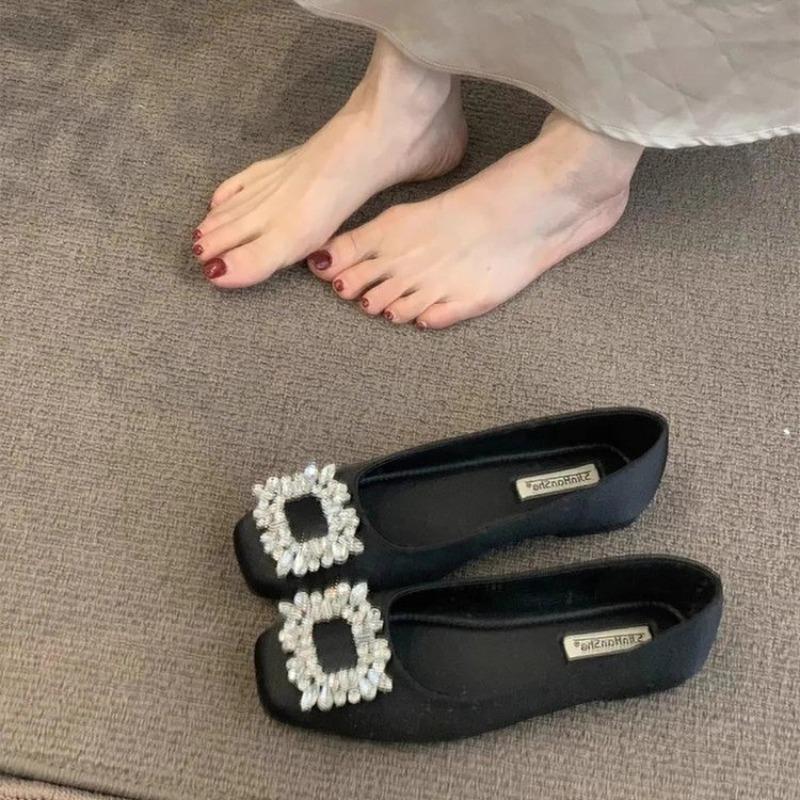 Chaussures plates douces printemps nouveau bouche peu profonde strass tête carrée tempérament chaussures simples femmes