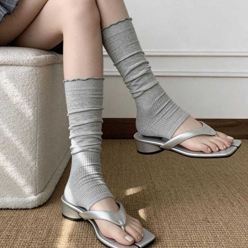 Frühlings- und Sommer-Strumpfsets mit Plüschstrümpfen, Ohrbündchen aus Holz, Beinlinge, Passenden Flip-Flops, Wadenstrümpfen im Ballett-Stil, Aus reiner Baumwolle