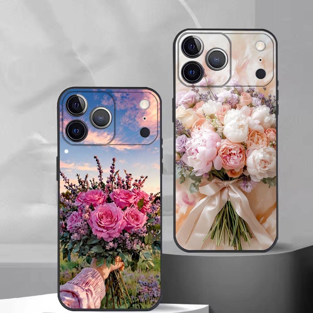 Elegant Peony F-Flower Phone Case For iPhone 17,16,15,14,13,12,11 Plus,Pro Max,XS,Soft Silicone Black Cover