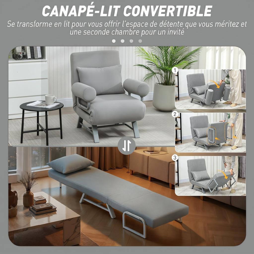 Convertible Armchair, 1-Seater, Folding Armchair-Bed, Linen, Adjustable Backrest, Pillow, Light Gray