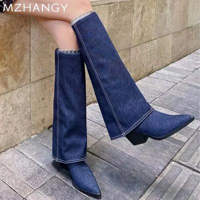 Fashion Cowboy Women High Boots Pointed Toe Heels Shoes Winter Fashion Shoes Women 2024 Trend Snow Boots Elegant Chelsea Mujer Botas