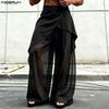 Men Elastic Waist Wrap Mesh Sheer Beach Loose Long Pants Trousers