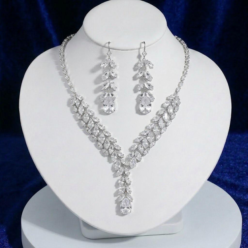 Trendy Zircon Earrings & Necklace Set: Wheat Ear White Tassel Jewelry with Elegant Collarbone Chain