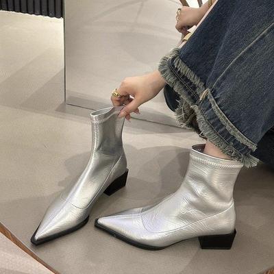 Stivaletti alla caviglia da donna con punta a punta, alla moda, con tacco spesso, stivaletti corti snellenti, autunno inverno, scarpe da donna in morbida pelle