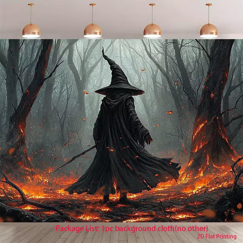 2D Spooky Dark Wizard Backdrop Fiery Burning Forest Halloween Party Photo Booth Cloth 47.2x31.5inch/120*80cm
