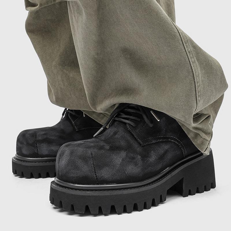 New  Men's Washed Denim Casual Shoes Increased Height Big Head Leather Shoes Spring Autumn Pure Color Adult Shoes