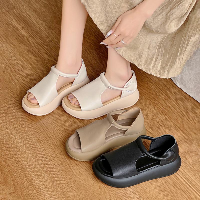 Fashion 5CM Genuine Leather Peep Toe Summer Ankle Booties Women Sandal Hollow Fashion Platform Wedge Flats Shoes Hook Flats