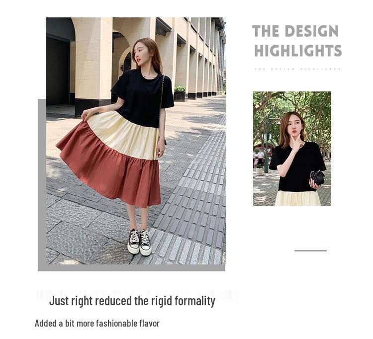 Summer Color Block Short Sleeve Maternity Dress Set - Over-the-Knee Design