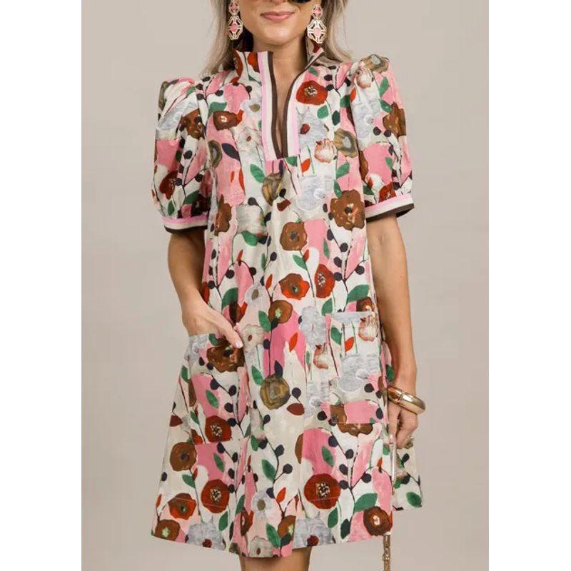 

2025 Cross-Border European and American Women clothes New Summer Fashion Print V-neck Puff sleeve Dress Flower color XXXL
