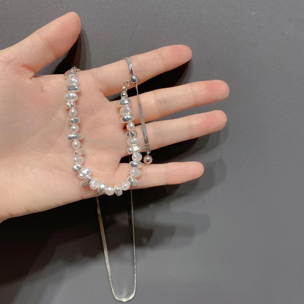Niche Design Broken Silver Special-Shaped Pearl Splicing Necklace Female Cold Wind Simple Versatile Pull-Out Collarbone Chain