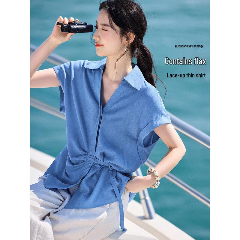XWI Women s V-Neck Tie-Front Short Sleeve Blouse M