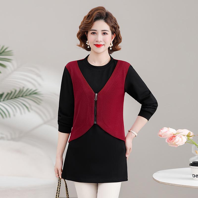 

Elegant Two-Piece Style Long Sleeve T-shirt for Middle-Aged Women – Slim Fit for Spring & Autumn 3XL (120-135 lbs)