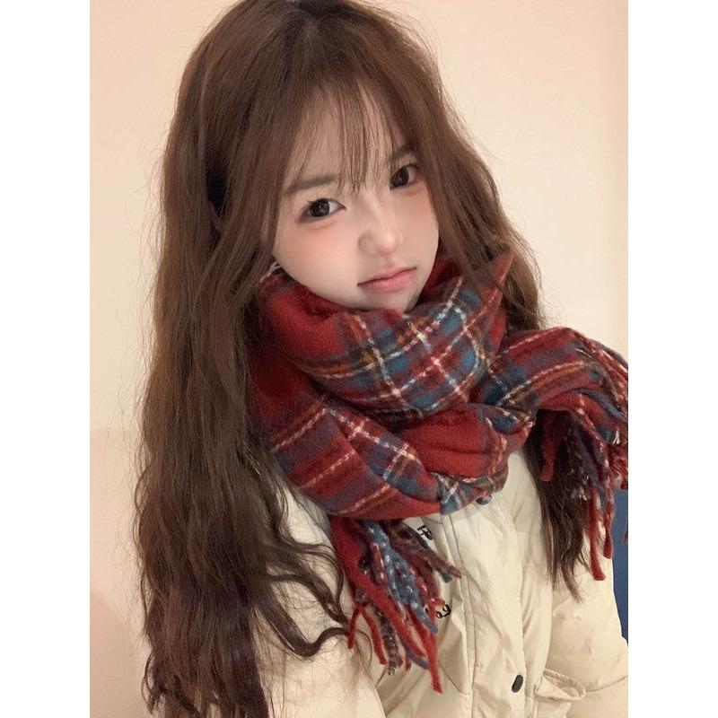 New Soft Imitation Cashmere Tassel Plaid Scarf Winter Female Couple Shawl Red Cold Proof Versatile Thickened Scarf