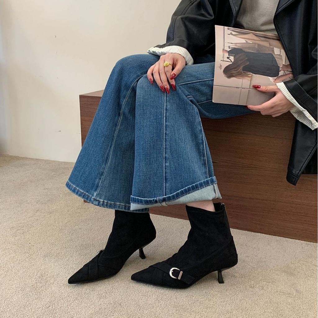 Pointed high-heeled thin short boots autumn temperament belt buckle suede elastic short boots women's boots