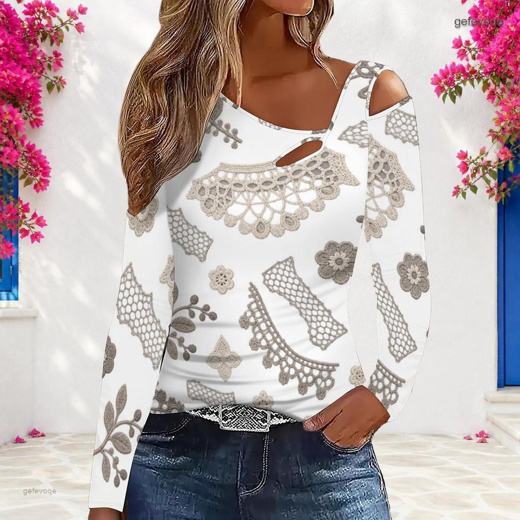 Women Plus Size Asymmetric Cutout Neck Cold Shoulder Long Sleeve Blue Printed Fitted Top