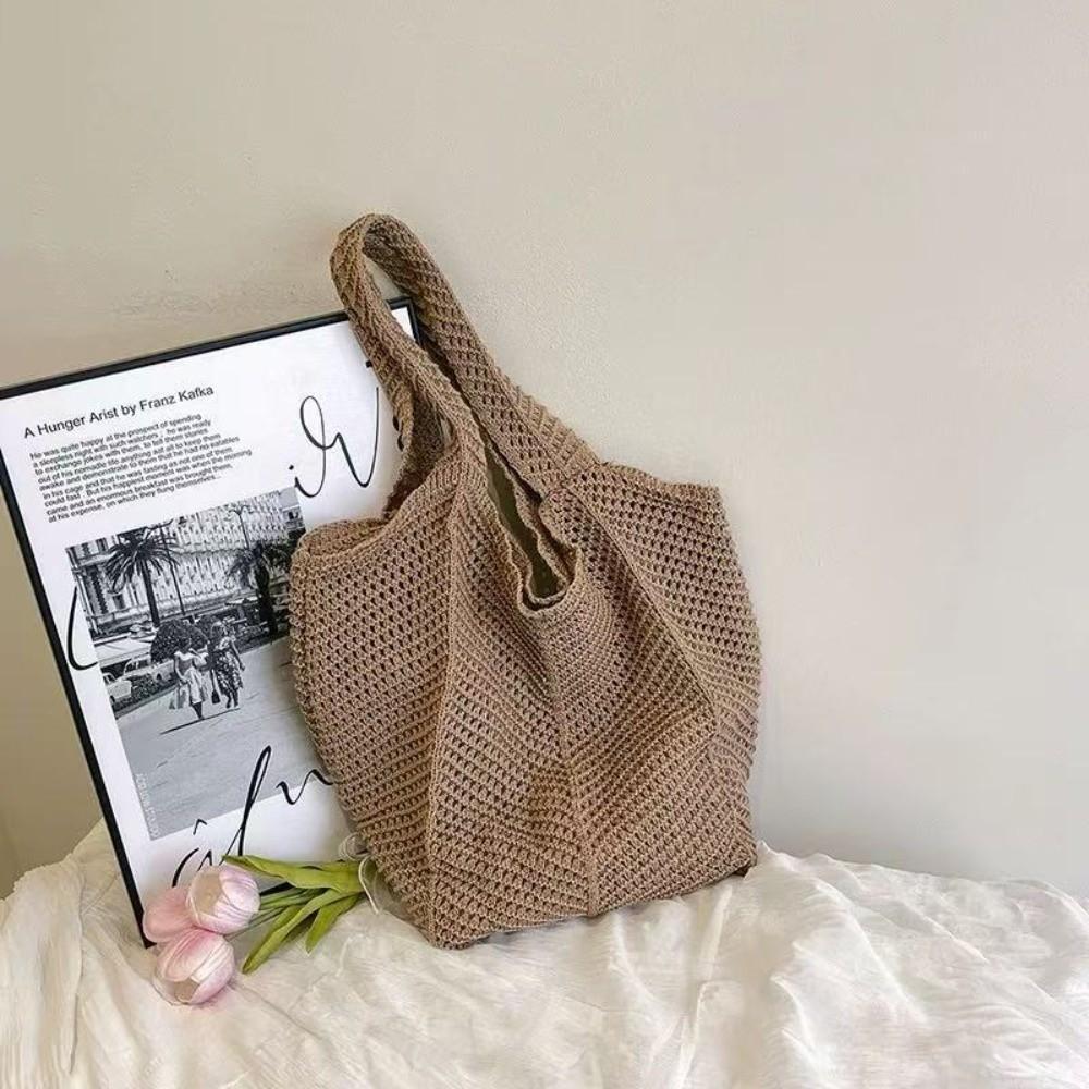 Solid Color Knitting Shoulder Bag Hollow Out Versatile Bohemian Crochet Tote Bag Vintage Elegant Casual Woven Handbag Vacati