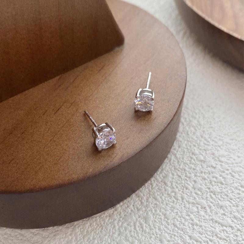 S999 Sterling Silver Four-Prong Zircon Stud Earrings - Luxurious High-Shine Piercing Jewelry