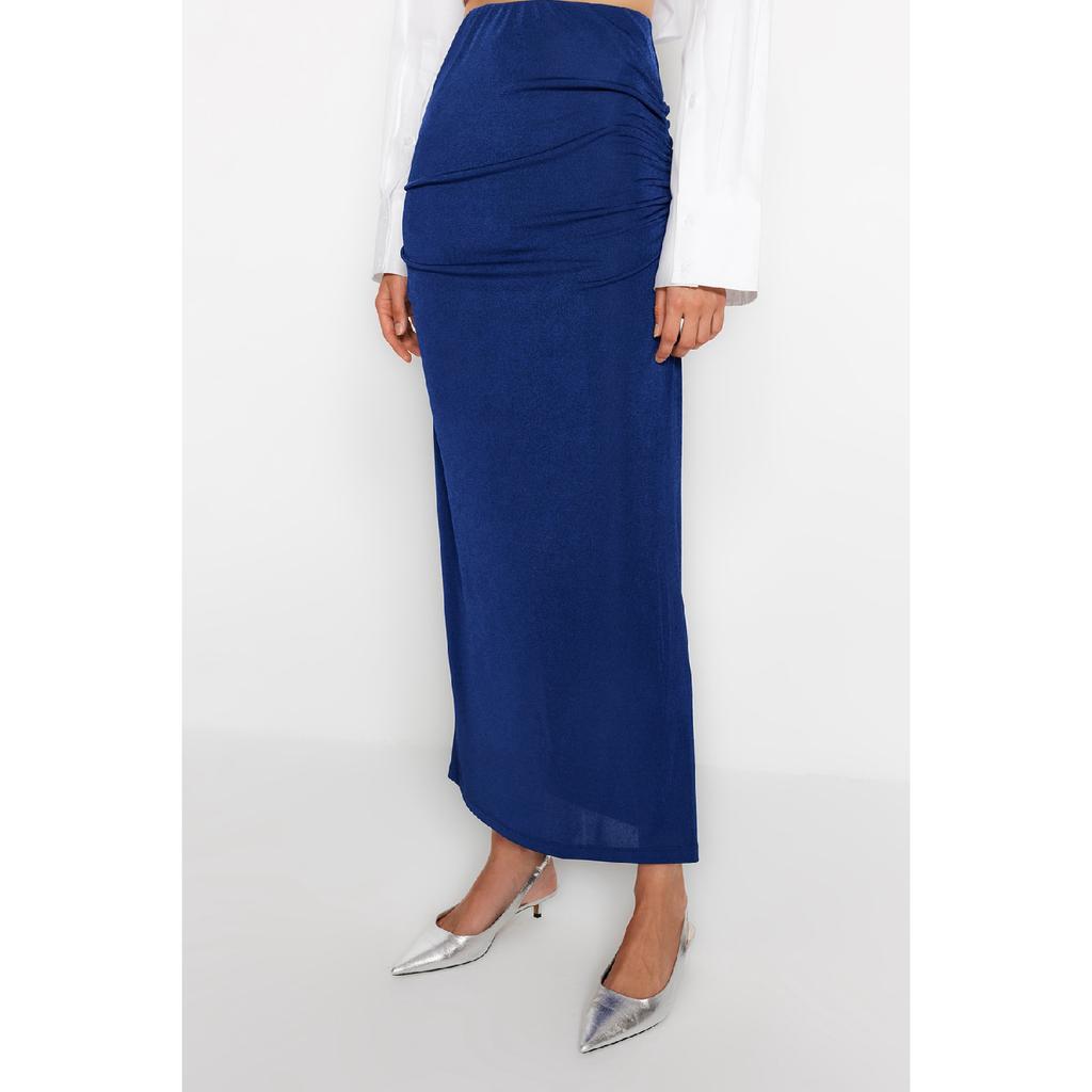 Navy Blue Premium Shiny Surface And Soft Textured Draped Maxi Knitted Skirt Twoaw24et00090