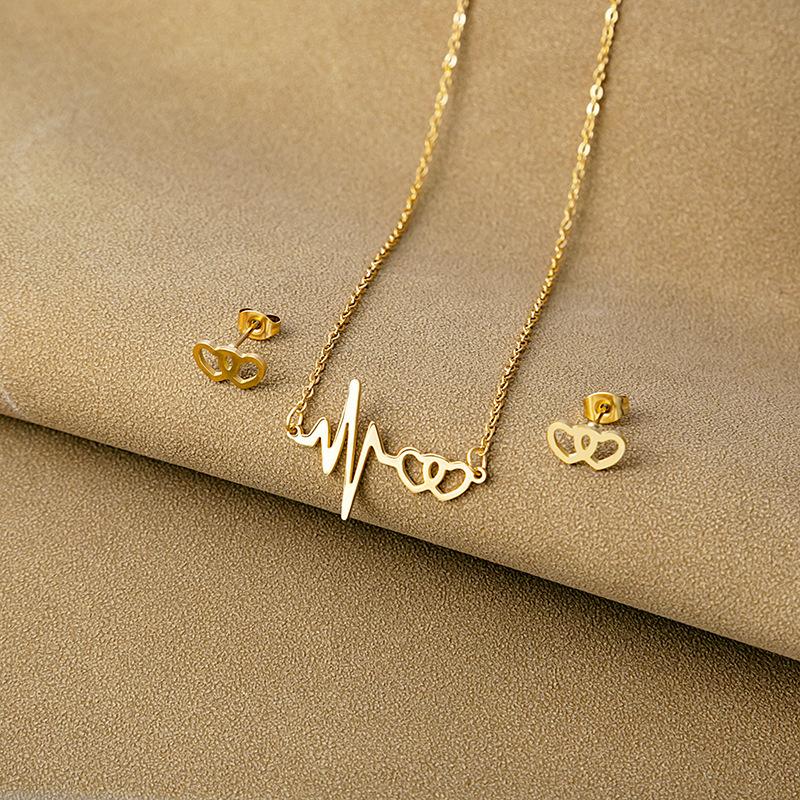 Mode Edelstahl Herzschlag Schmuckset Vergoldet EKG Herz Halskette Ohrringe Für Frauen Mädchen