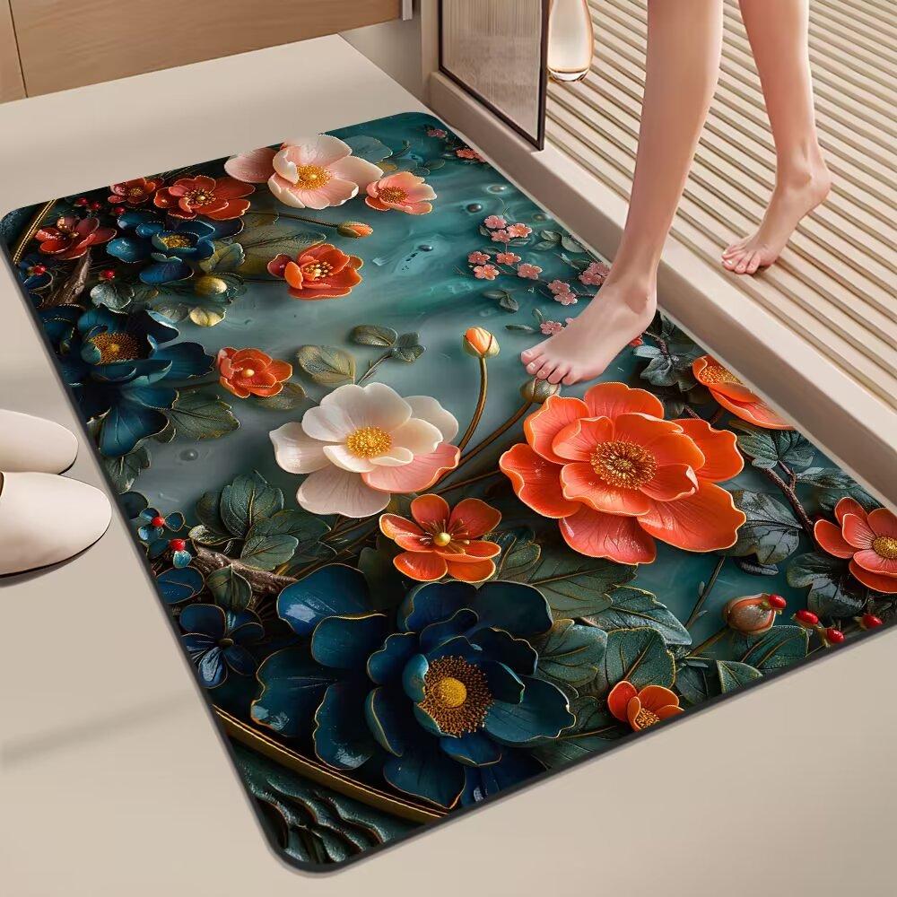 3D Floral Diatomaceous Earth Bath Mat - Absorbent, Quick-Dry, Stain & Wear Resistant Doormat