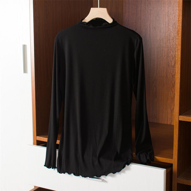 Women's Korean Style Modal Long Sleeve Base Layer T-shirt, Half-High Neck, Plus Size, Thin, Solid Color, Autumn Top