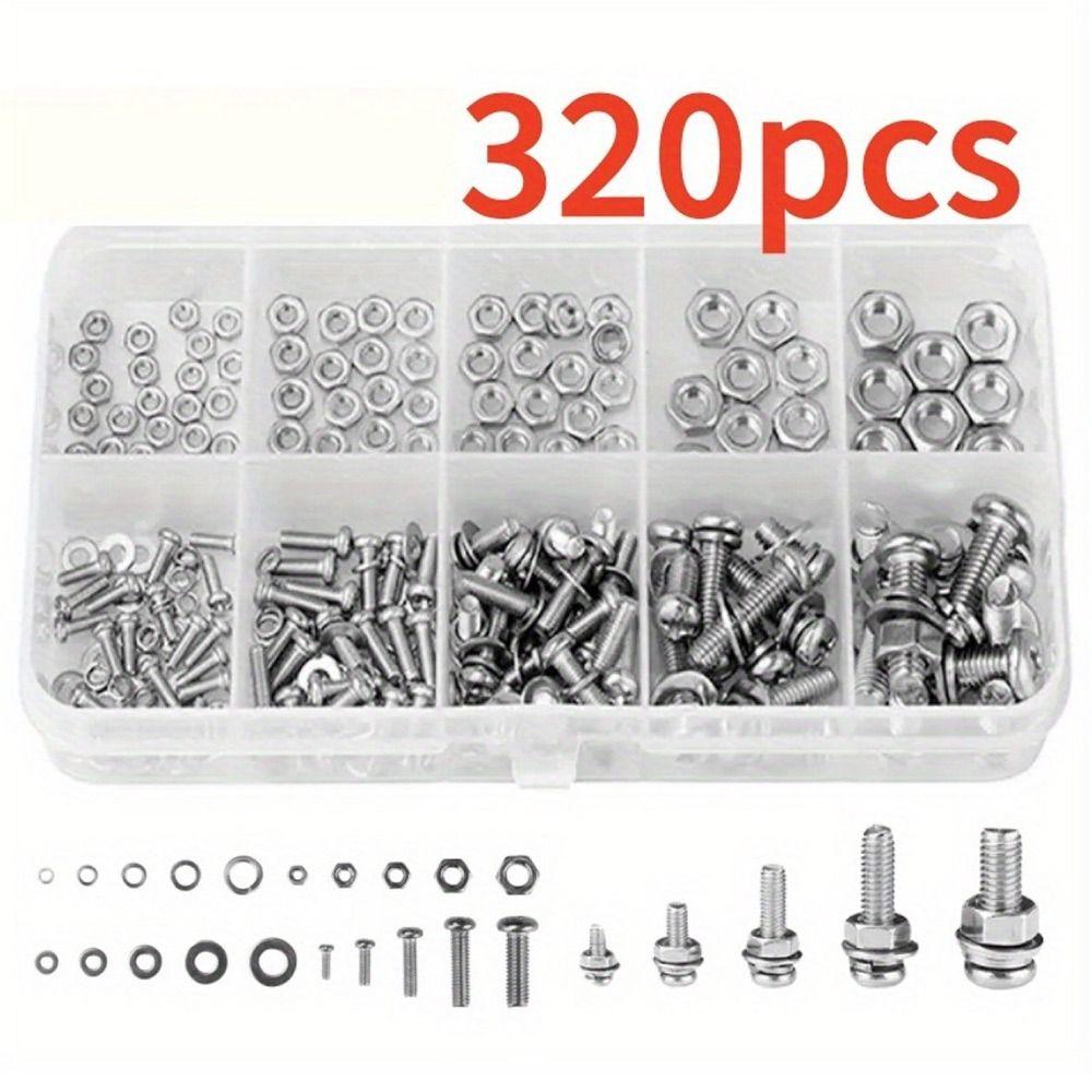 320pcs/box Stainless Steel Metic Nut and Bolt Assortment Bolt Nut Washer Set  Home Improvement