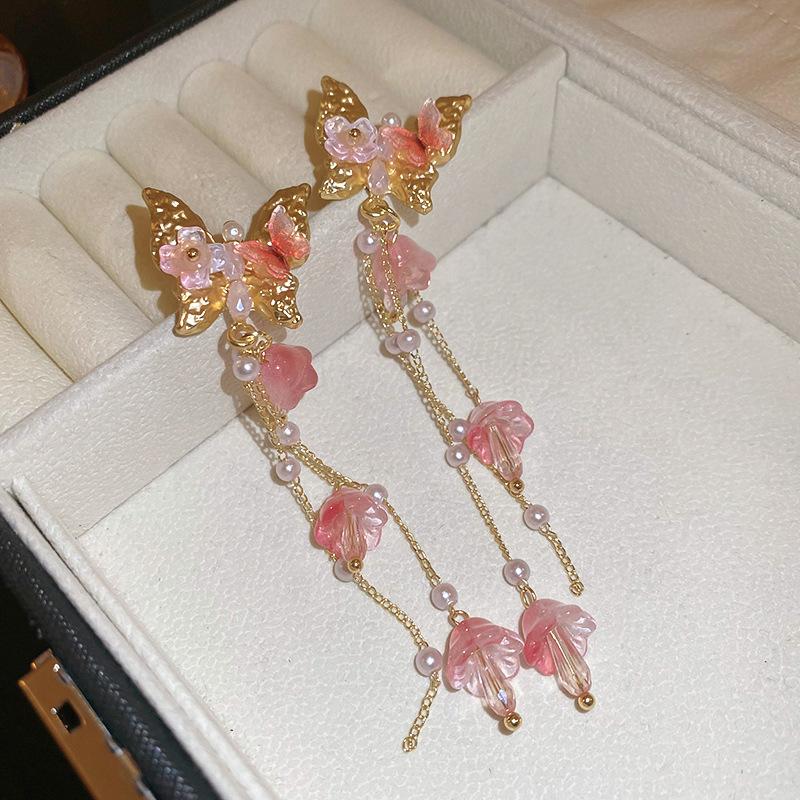 Silver needle butterfly flower crystal fringed earrings sweet long earrings light luxury temperament earrings women