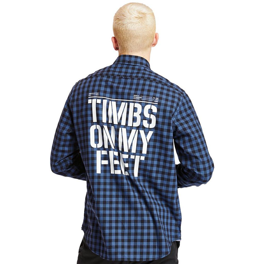 Timberland Plaid Letter Print Single-Breasted Breathable Loose Fit Long Sleeve Shirt Men Shirts Blue A29N8-G66
