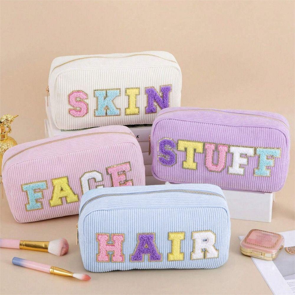 Corduroy Storage Bag Pink Beige Blue Purple Embroidery Letter Makeup Train Cases High Capacity Lipstick Organizer Women Girls