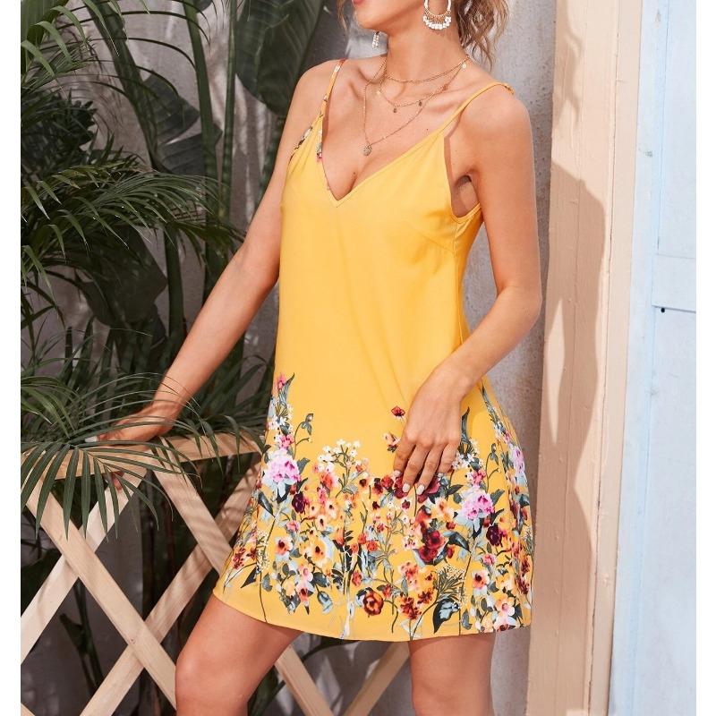 YYFS Women's Fashion Summer Spring Flower Pattern Print Sleeveless V-Neck Middle Waistline Casual Dresses