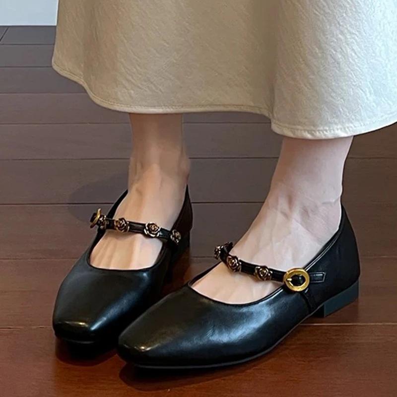 Fashion Women Flats Shoes Flower Square Toe Loafers Elegant New Sandals 2025 Summer Mary Jane Shoes Woman Walking Mujer De Sandalias
